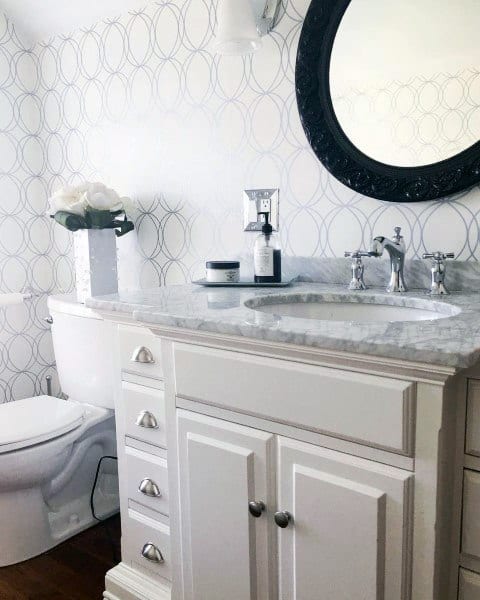 white bathroom wallpaper white vanity