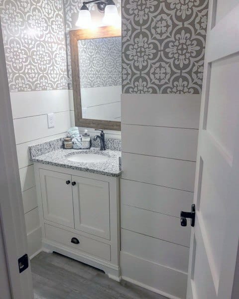 small white bathroom gray pattern wallpaper