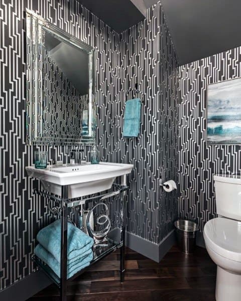 black and white pattern wallpaper bathroom