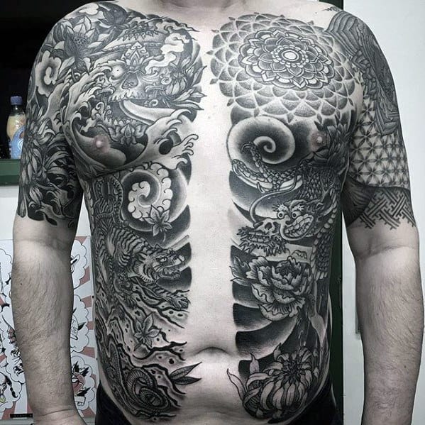 Half Chest Guys Dragon Tattoo Design Ideas