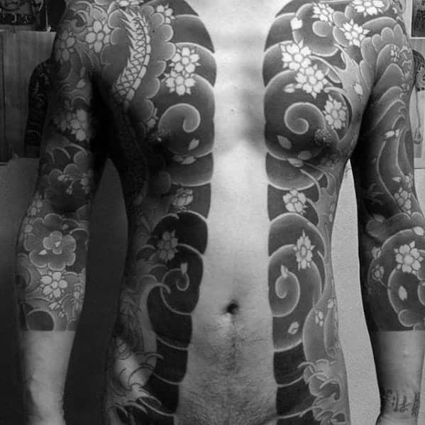 Japanese tattoo with shaded wind, clouds, and floral patterns, creating a symmetrical half-chest and arm design