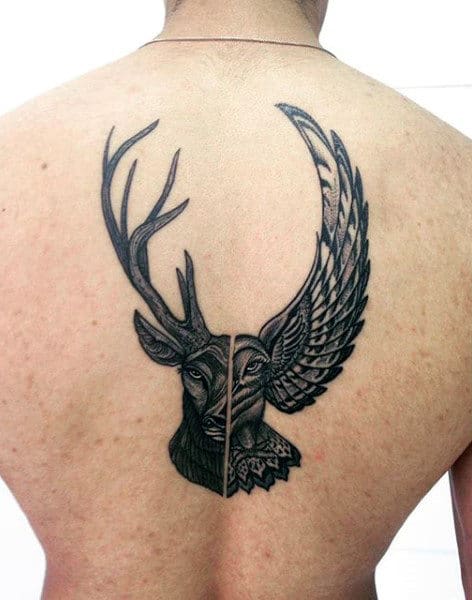 Half Deer And Eagle Mens Back Tattoo In Black Ink