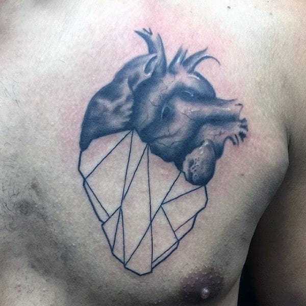 Half Geometric Heart Mens Chest Tattoos