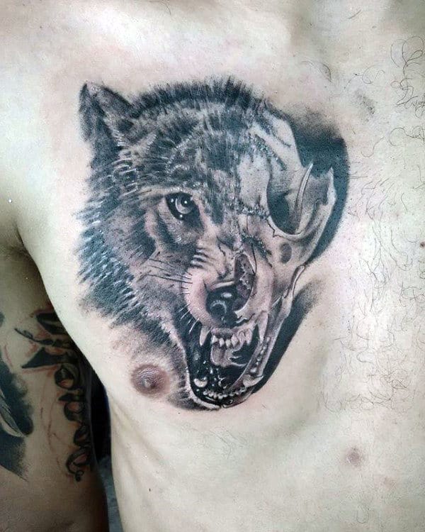 Half Realistic Half Wolf Skull Mens Upper Chest Tattoos