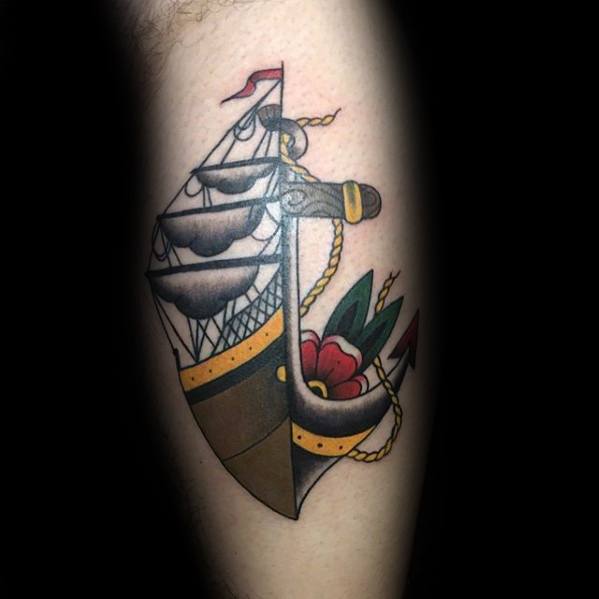 Half Ship And Half Anchor Unique Mens Traditional Leg Calf Tattoos