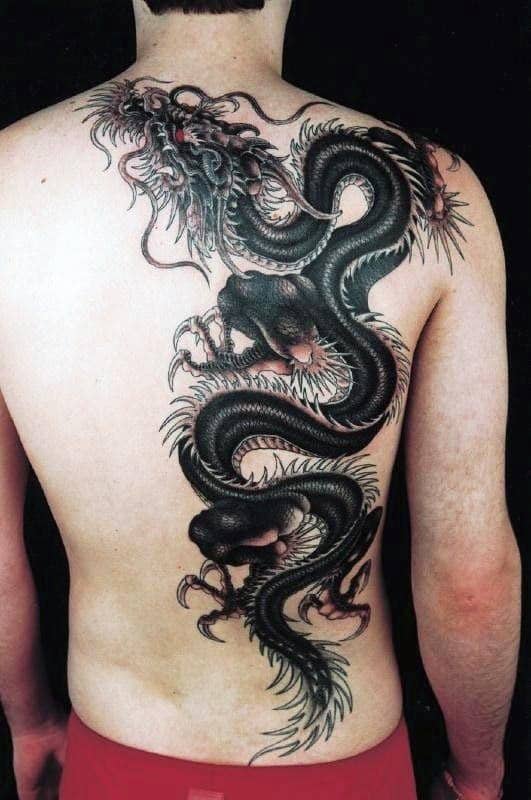 Half Side Back Chinese Dragon Guys Black Ink Tattoo Ideas