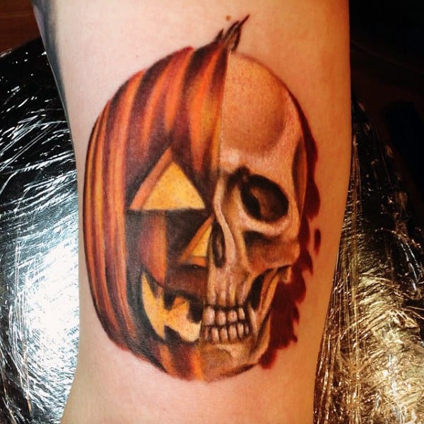 Half Skull Half Pumpkin Mens Arm Tatoo