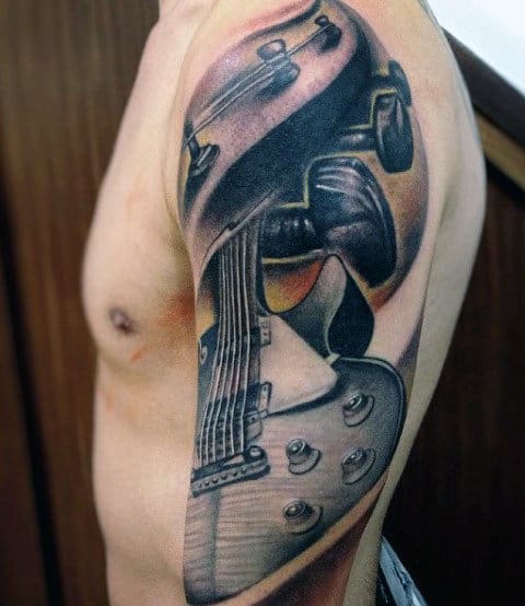 Half Sleeve 3d Mens Music Guitar Tattoo Designs