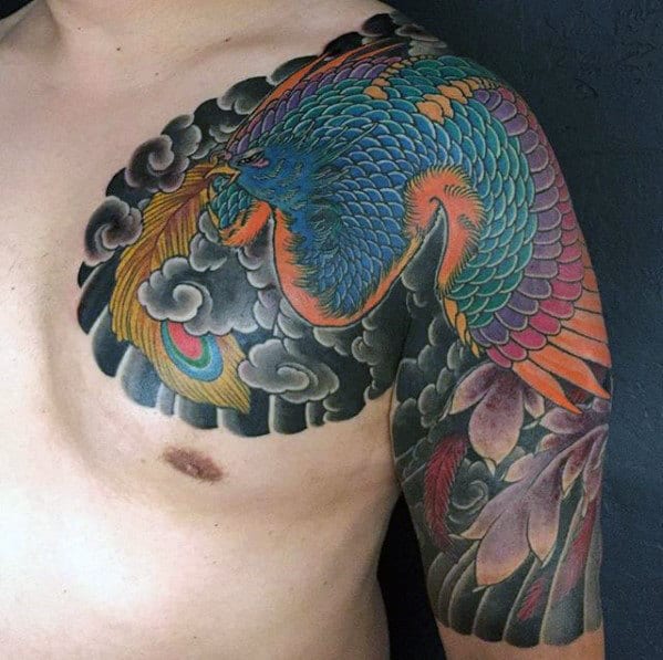 Half Sleeve And Chest Colorful Japanese Phoenix Tattoos For Men