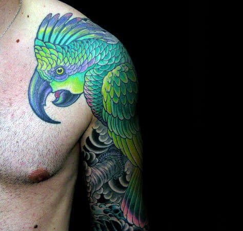 Half Sleeve And Shoulder Green Parrot Tattoo Design Ideas For Males
