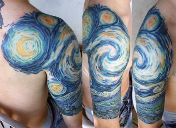 Half Sleeve And Shoulder Male Painting Starry Night Tattoos