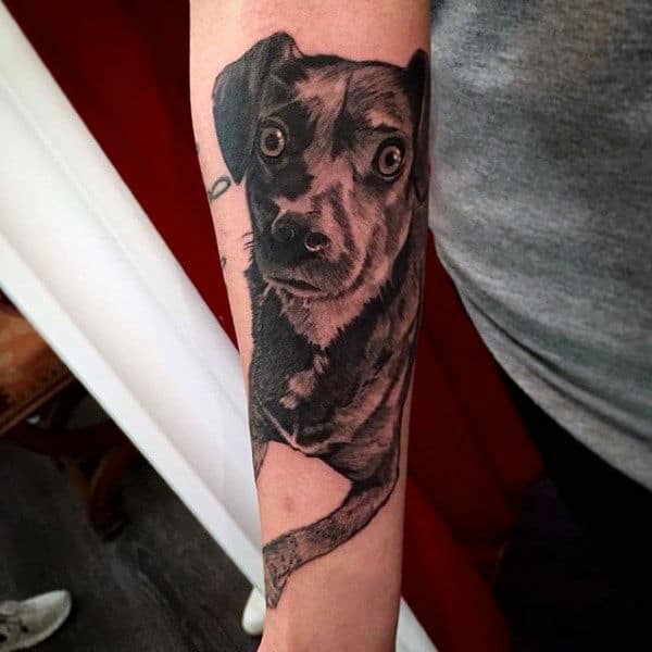 Half Sleeve Arm Tattoo On Man Of Dog