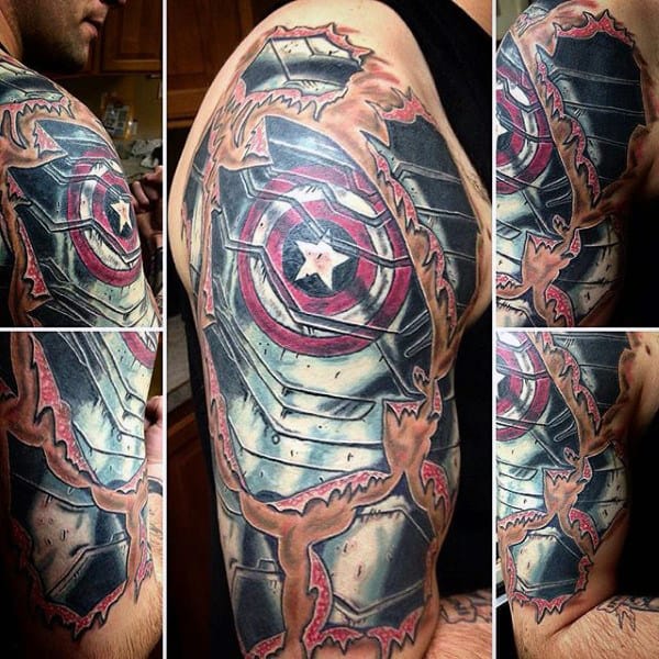 Half Sleeve Armor Captain America Shield Tattoo For Men