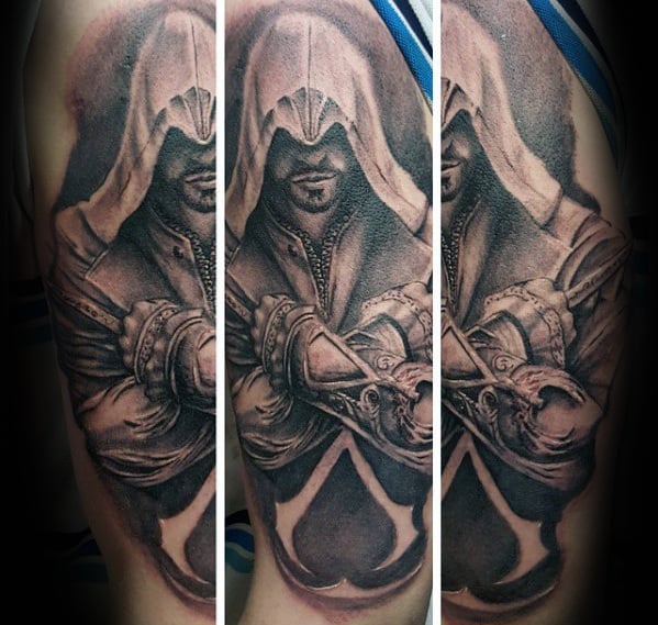 Half Sleeve Assassins Creed Negative Space Mens Tattoos