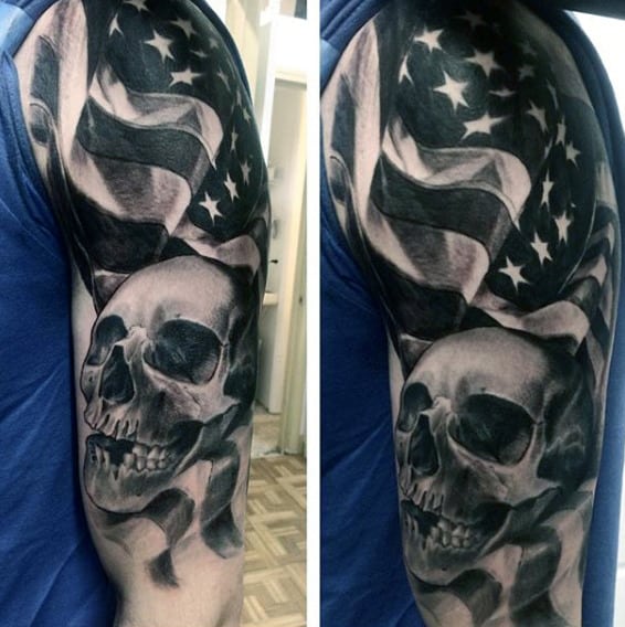 Half Sleeve Black American Flag And Skull Tattoos For Males