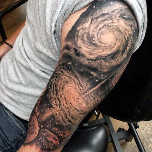 Half Sleeve Black And Grey Shaded Amazing Mens Celestial Tattoo Designs
