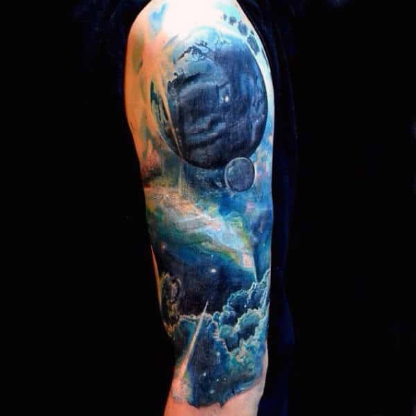 Half Sleeve Bluish Universe Tattoo For Men