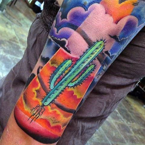 Half Sleeve Cactus Sun Ray Male Tattoos