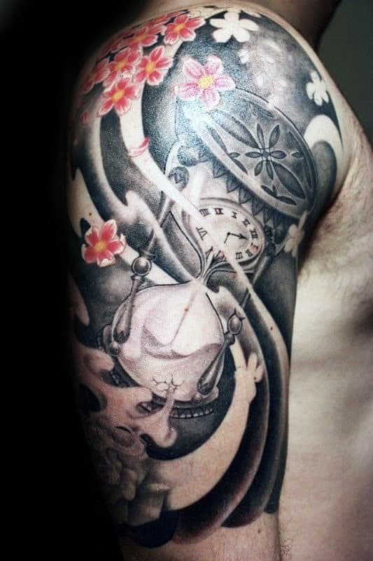 Half Sleeve Cherry Blossom Hourglass Tattoos For Men