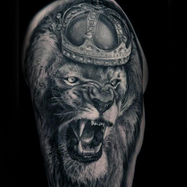 Half Sleeve Crowned Lion Mens Tattoo Ideas