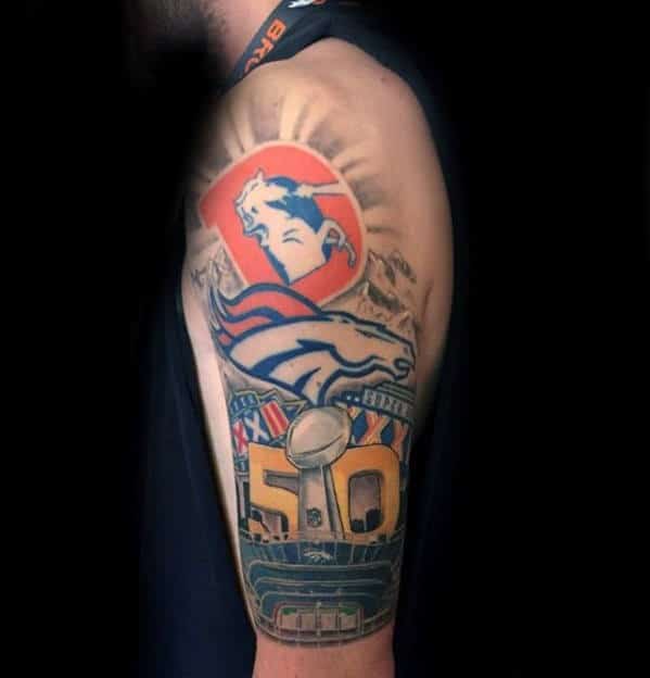 Half Sleeve Denver Broncos Themed Guys Tattoo Inspiration