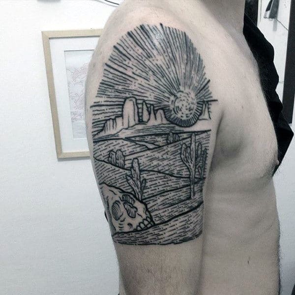 Half Sleeve Desert Cactus Tattoo For Men With Black Ink