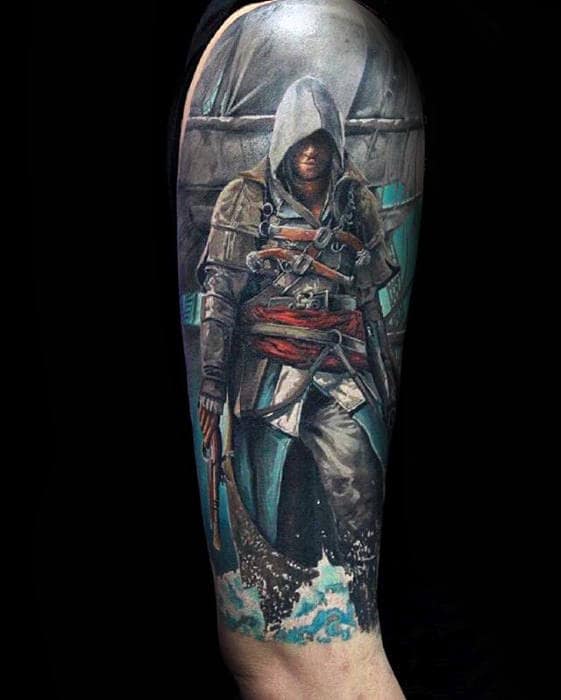 Half Sleeve Edward Kenway Assassins Creed Mens Tattoos