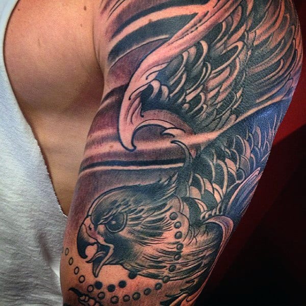Half Sleeve Falcon With Rosary Beds Mens Tattoos