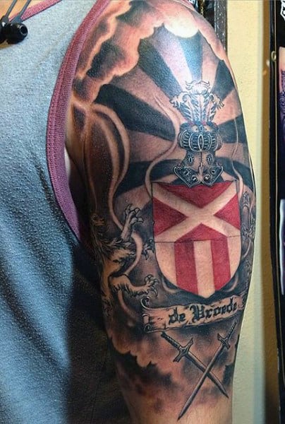 Half Sleeve Family Crest Mens Tattoo With Red Flag