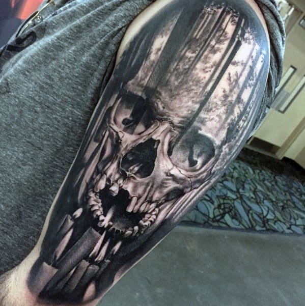 Half Sleeve Forest Distinctive Male Skull Tree Tattoo Designs