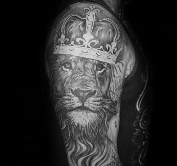 Half Sleeve Gentlemens Lion With Crown Tattoo Design Ideas