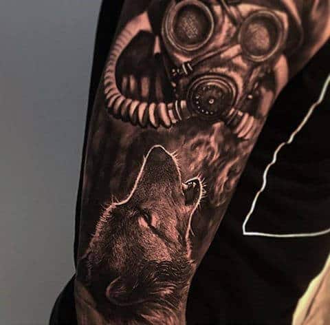 Half Sleeve Guys Howling Wolf Realistic Tattoo Inspiration