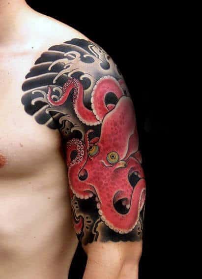 Half Sleeve Guys Japanese Red Octopus With Black Ink Ocean Waves Tattoo Design Ideas