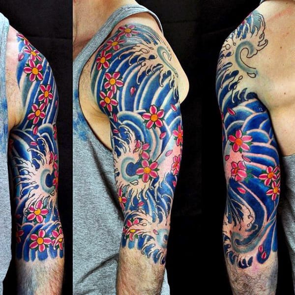 Half Sleeve Guys Japanese Water Flower Tattoos
