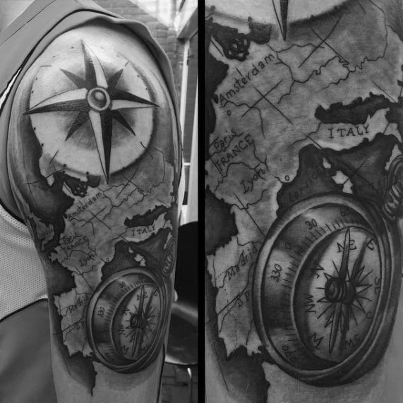 Half Sleeve Guys Map Wanderlust Themed Tattoo Ideas