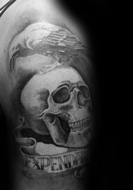 Half Sleeve Guys Shaded Black And Grey Expendables Tattoo Design Ideas