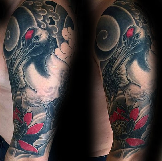 Half Sleeve Guys Shaded Japanese Style Crane Bird Tattoos
