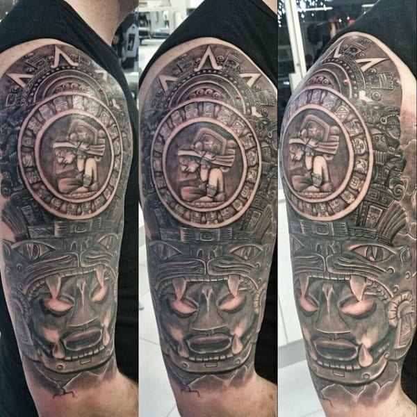 Half Sleeve Guys Stone Aztec Tattoos
