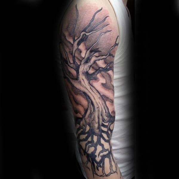 Half Sleeve Guys Tree Roots Tattoo Design Ideas