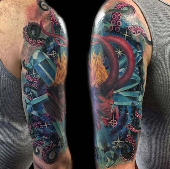 Half Sleeve Guys Unique Crystal Outer Space Themed Tattoo