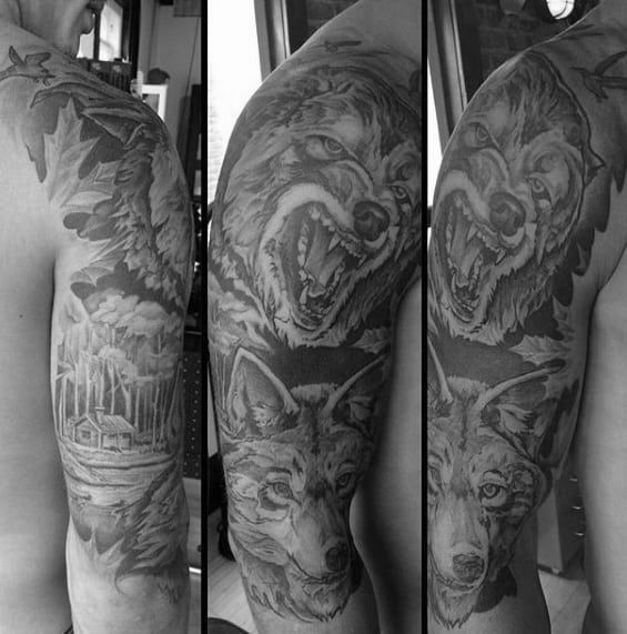 Half Sleeve Heavily Shaded Coyote Male Tattoo Ideas