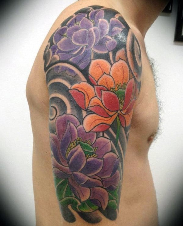 Half Sleeve Japanese Lotus Flower Tattoo For Men