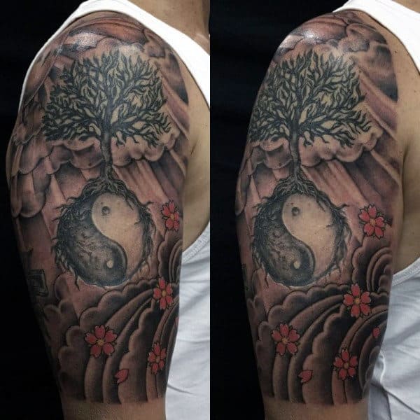 Half Sleeve Japanese Tree Yin Yang Tattoo On Mans Arm