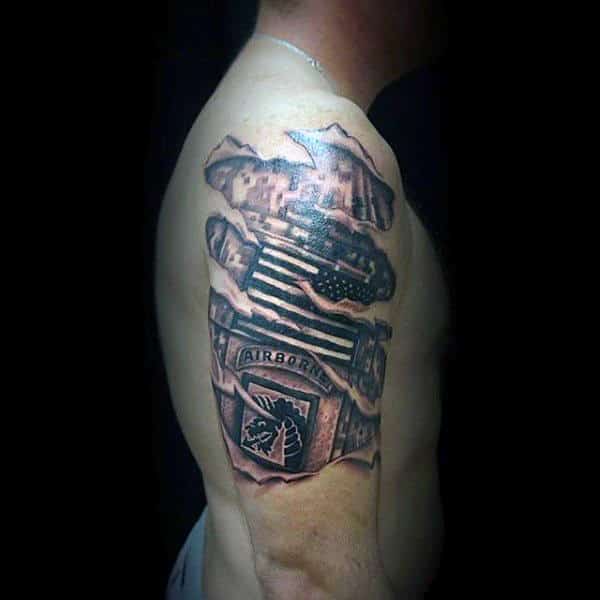 Half Sleeve Male Airborne Patches Ripped Skin Tattoo Design Ideas