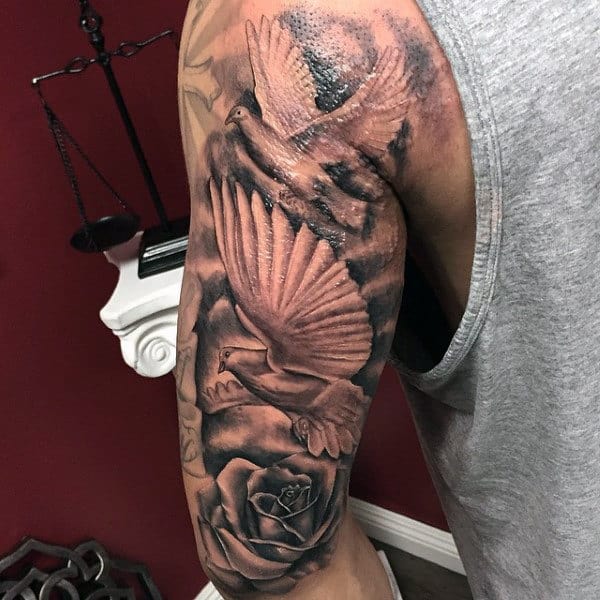 Half Sleeve Male Doves And Clouds Tattoos