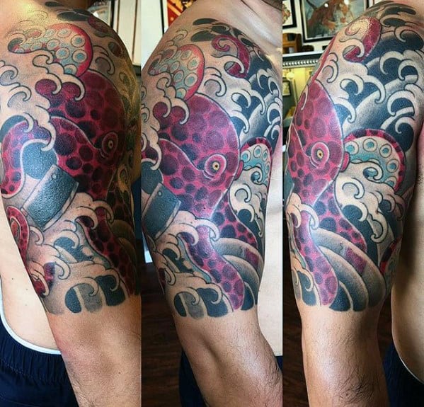 Half Sleeve Male Japanese Water Waves Octopus Tattoo Design Inspiration