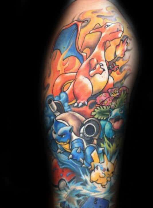 Pokémon Tattoo probably the most Epic Pokémon sleeve Ive seen  Tatuagem  charizard Tatuagens gamer Tatuagens jogo
