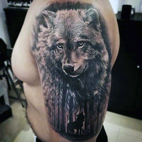 Half Sleeve Male Sick Howling Wolf In Nature Tattoo Design Inspiration