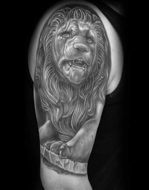 Half Sleeve Male Tattoo With Lion Statue Design
