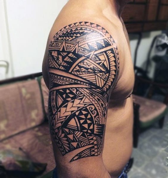 Half Sleeve Maori Male Tattoo Design Ideas With Black Ink